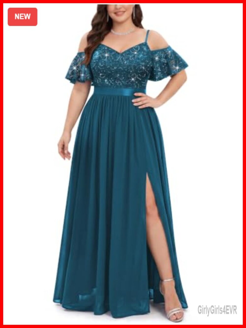 Plus Size Sequin Lace Off Shoulder Ruffle Sleeve A-Line Chiffon Maxi Bridesmaid